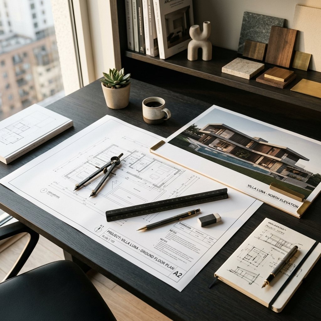 Architectural design drawings and professional planning desk setup by Mauli Design & Constructions in Washim